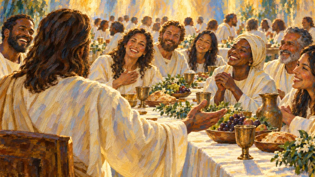 A joyful redeemed community shares a banquet with Christ, seen from behind, in a classical oil painting.