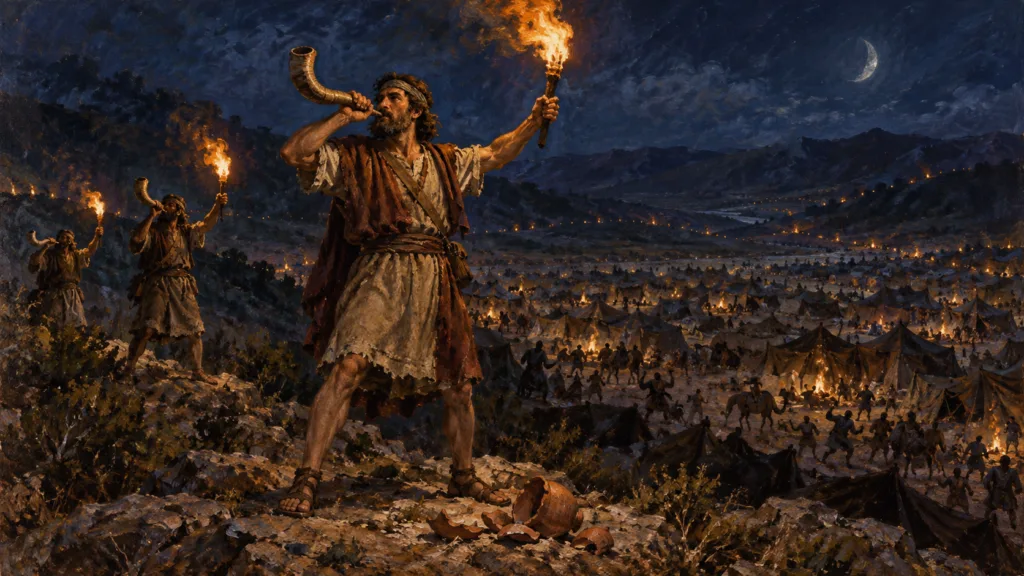 Gideon blows a trumpet and raises a torch above the Midianite camp at night, painted in oils.