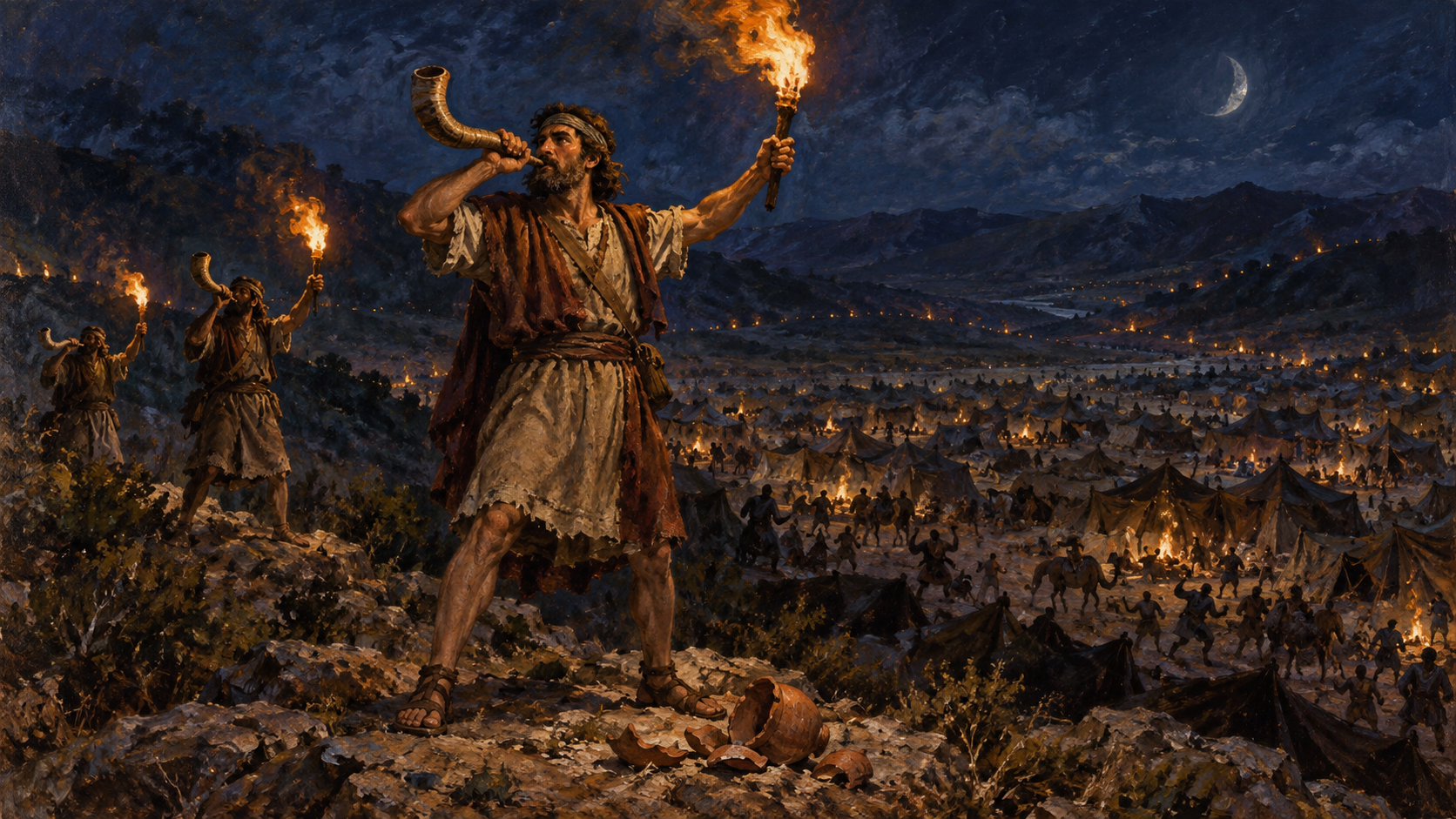 Gideon torch and trumpet oil painting Gideon blows a trumpet and raises a torch above the Midianite camp at night, painted in oils.