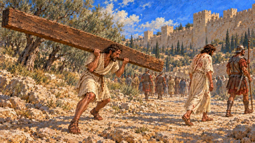 Classical oil painting of Simon of Cyrene laboring beneath the crossbeam on his shoulder as he follows Jesus.