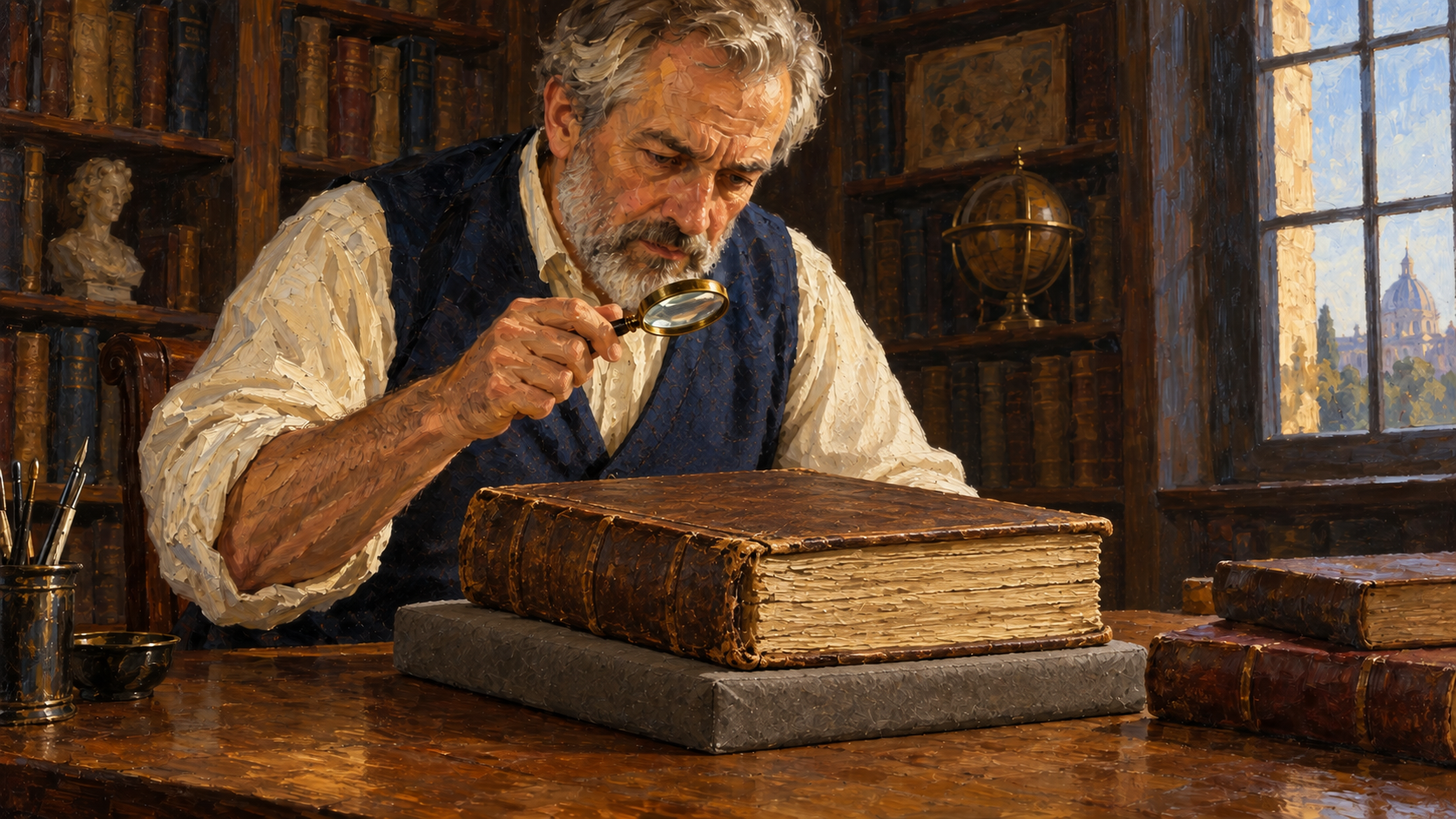 Ancient codex examination – oil painting Classical oil painting illustrating a scholar carefully examining the binding of an ancient parchment codex.