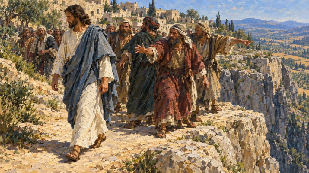 Classical oil painting of Jesus walking away from the hostile Nazareth crowd beside a rocky cliff.