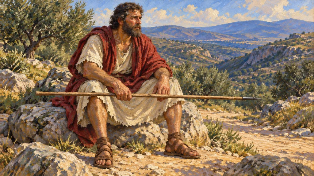 Classical oil painting of Shamgar seated on a rock with a pointed oxgoad across his knees.
