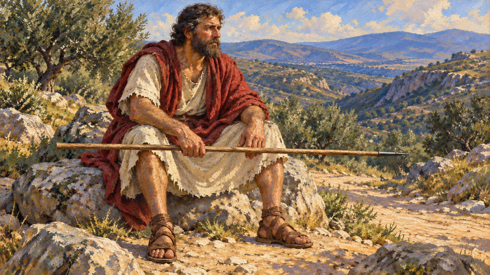 Shamgar and His Oxgoad: What the Bible Tells Us Classical oil painting of Shamgar seated on a rock with a pointed oxgoad across his knees.