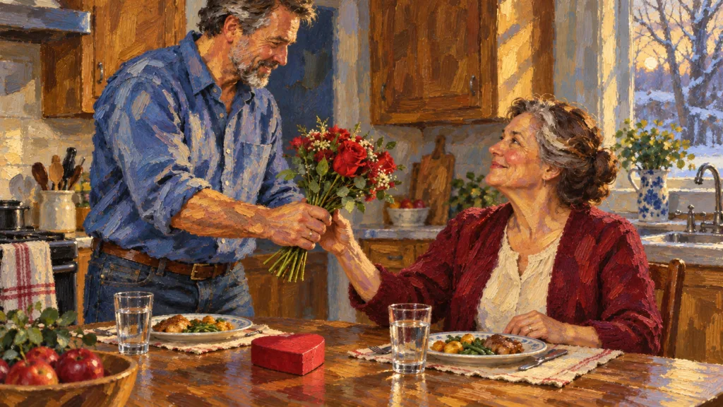 Classical oil painting of a husband offering red flowers to his wife over a modest dinner at home.