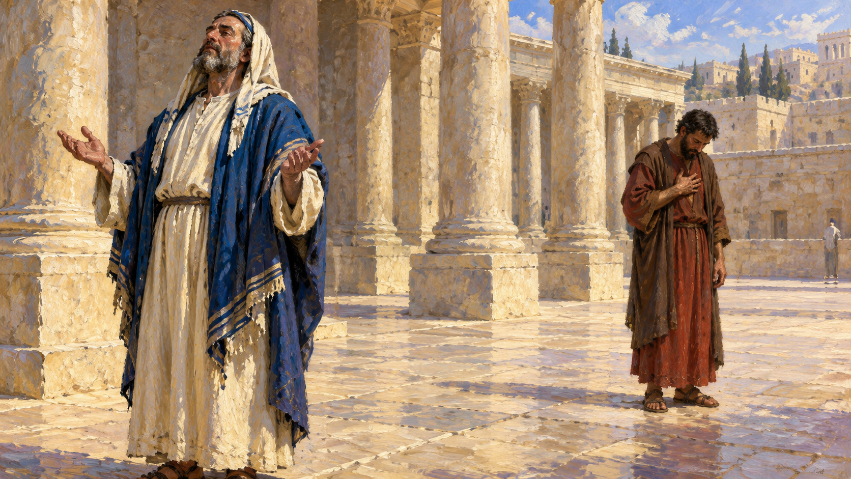 Classical oil painting of the Pharisee praying confidently while the tax collector stands far off with lowered eyes and a hand to his chest.