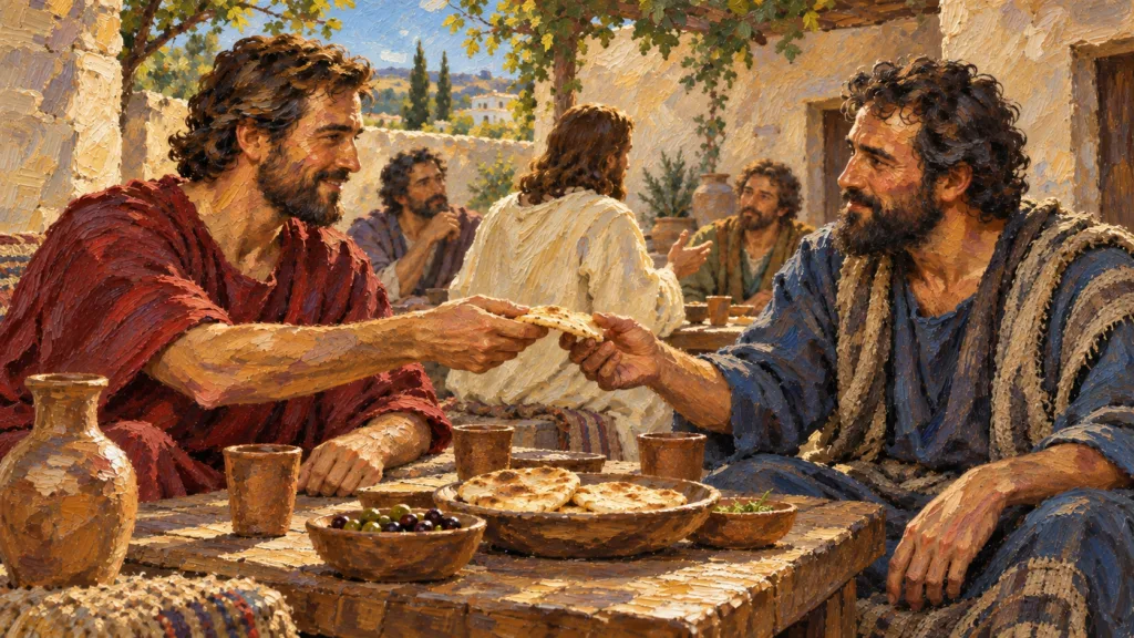 Classical oil painting illustrating Matthew and Simon sharing bread in fellowship among the disciples of Jesus.