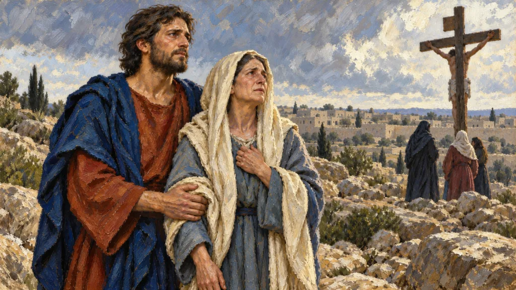 Classical oil painting of John supporting Mary near the cross of Jesus.