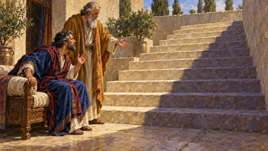 Classical oil painting of Hezekiah and Isaiah observing a shadow across stone steps.