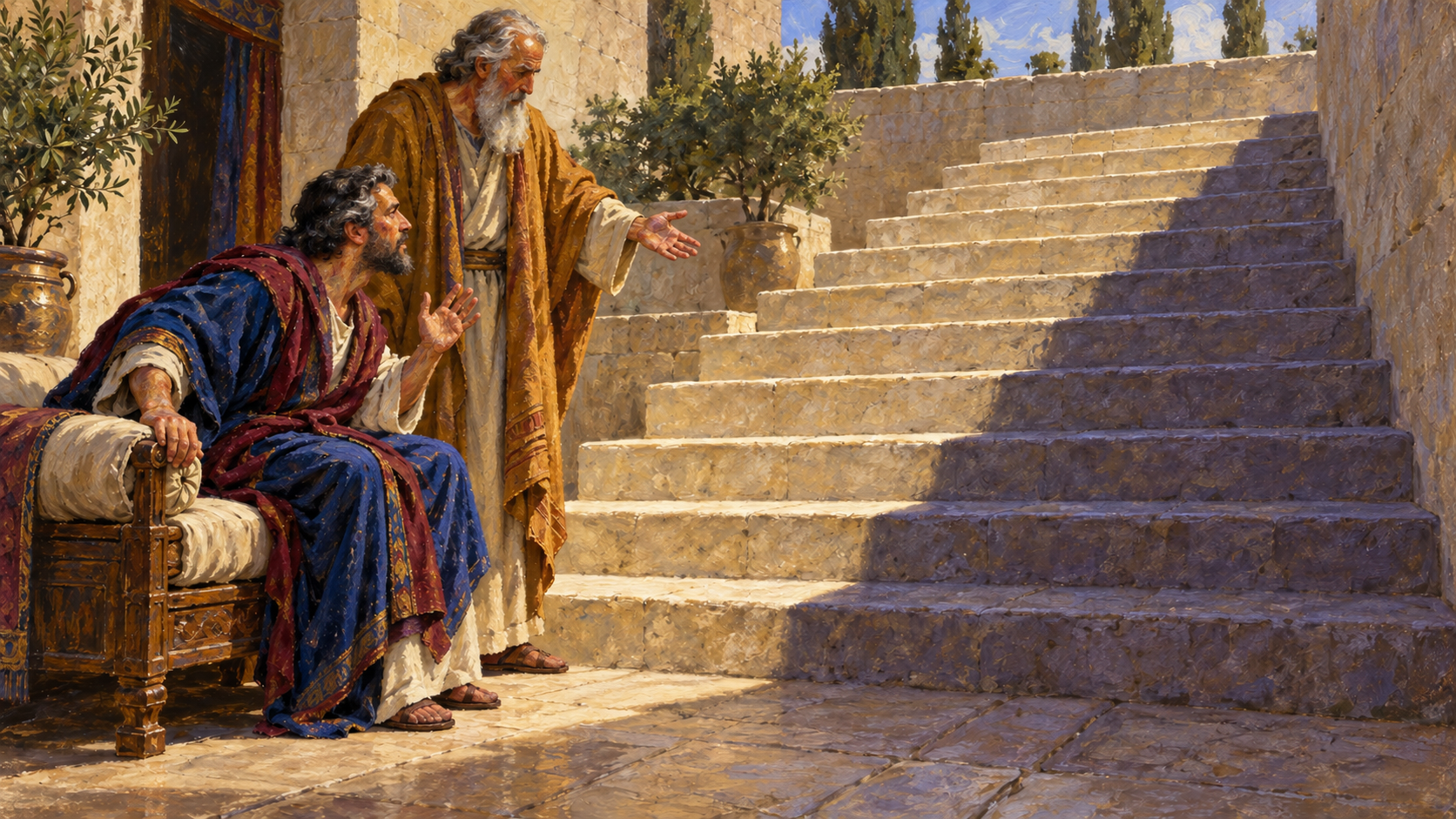 Hezekiah and Isaiah observing the shadow sign – oil painting Classical oil painting of Hezekiah and Isaiah observing a shadow across stone steps.