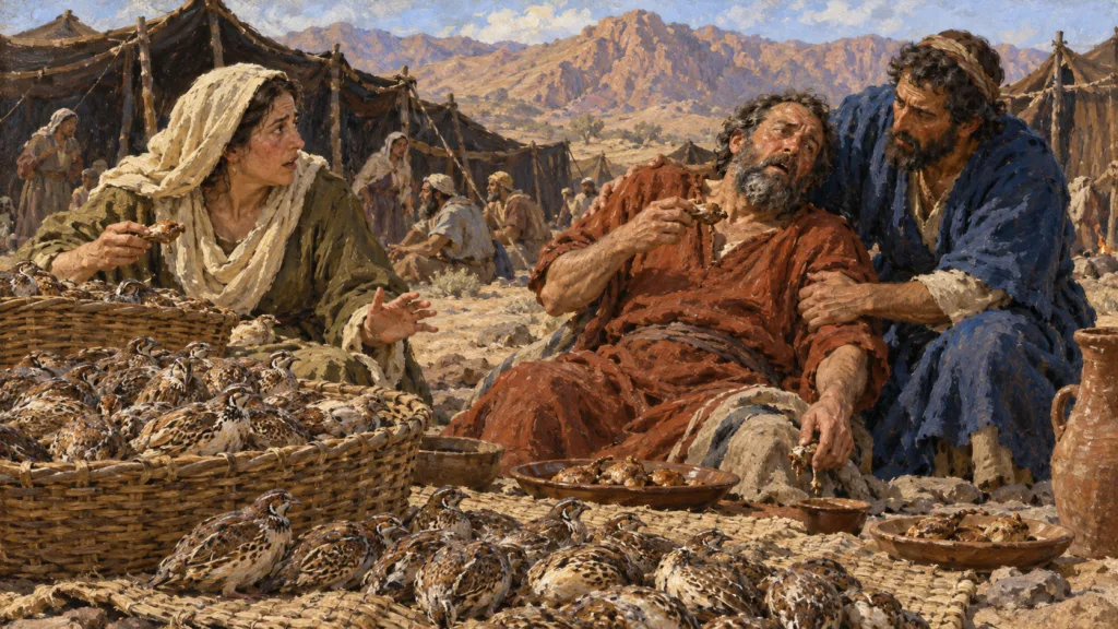Classical oil painting of a man stricken during a quail meal as others help him in the wilderness camp.