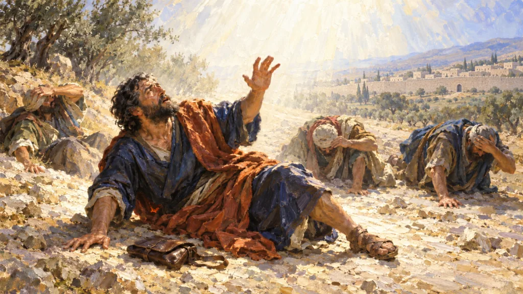 Classical oil painting of Saul and his companions fallen on the Damascus road under a great light.