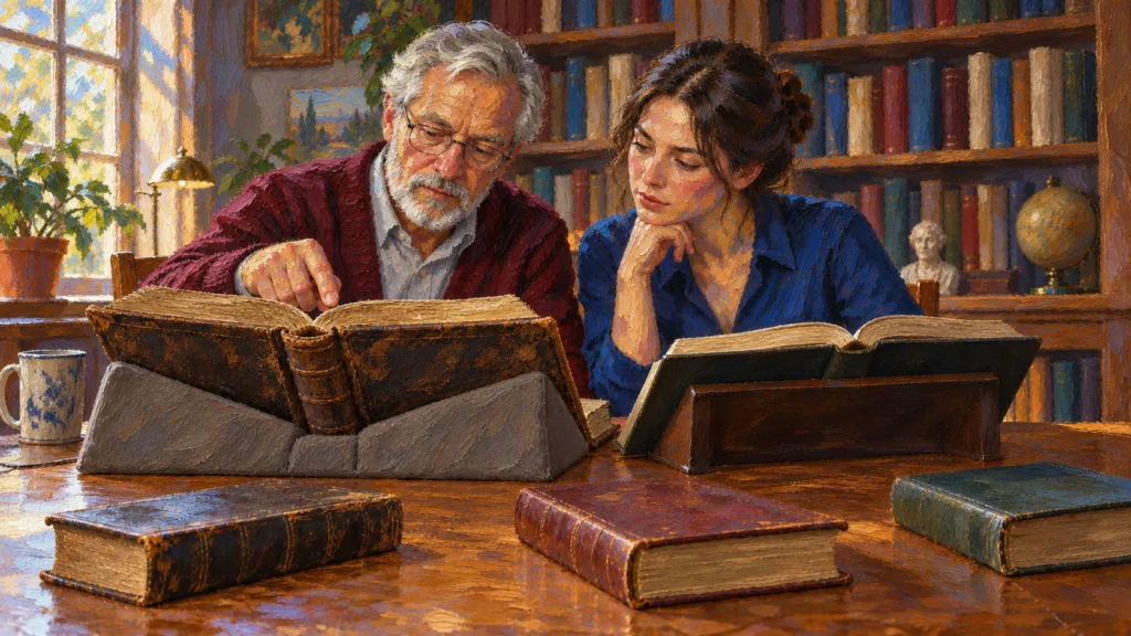 Classical oil painting of two readers comparing manuscript and printed volumes in a library.