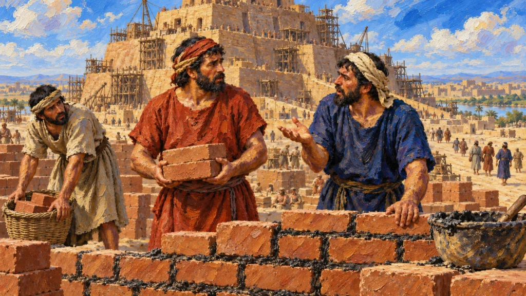 Classical oil painting of confused brickworkers halting their work beneath the unfinished Tower of Babel.