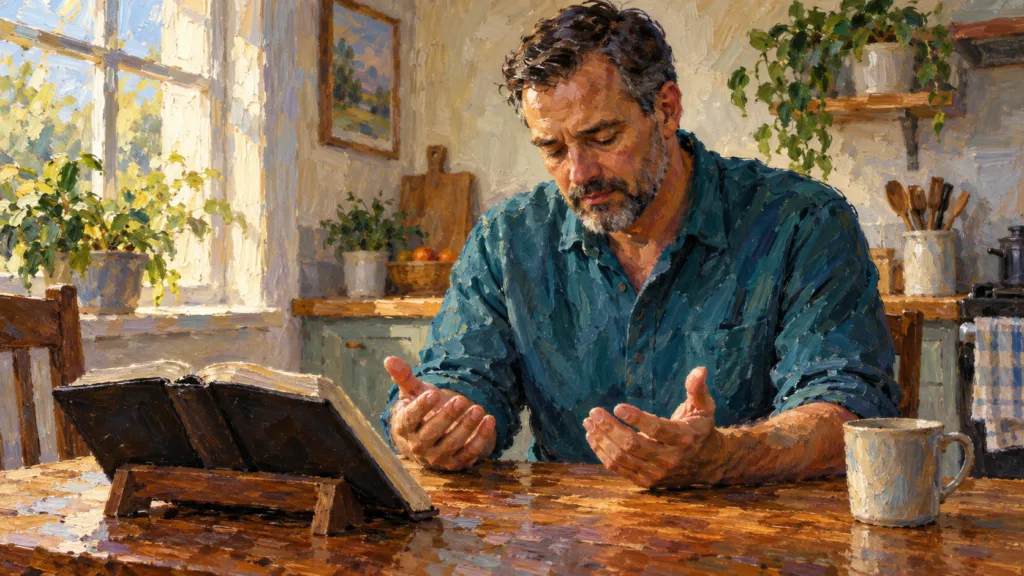 Classical oil painting of a believer praying with open hands beside his Bible at a kitchen table.
