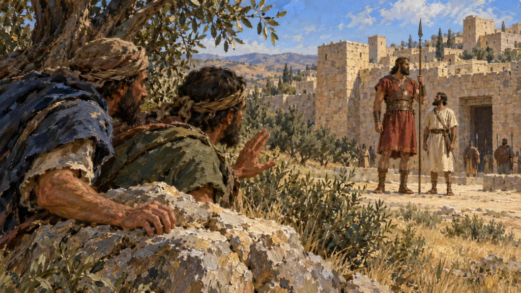 Classical oil painting of Israelite scouts watching an unusually tall warrior near a fortified Canaanite city.
