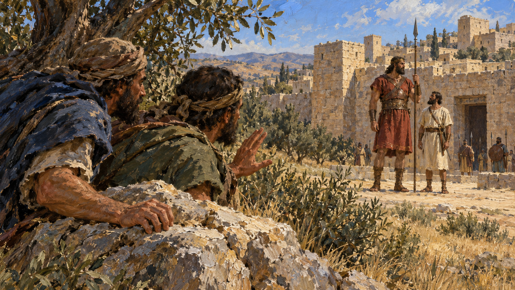 Israelite scouts observing tall Anakim – oil painting Classical oil painting of Israelite scouts watching an unusually tall warrior near a fortified Canaanite city.