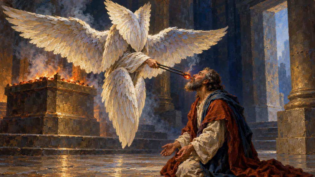 Classical oil painting of a six-winged seraph bringing an altar coal to Isaiah, with face and feet covered by wings.