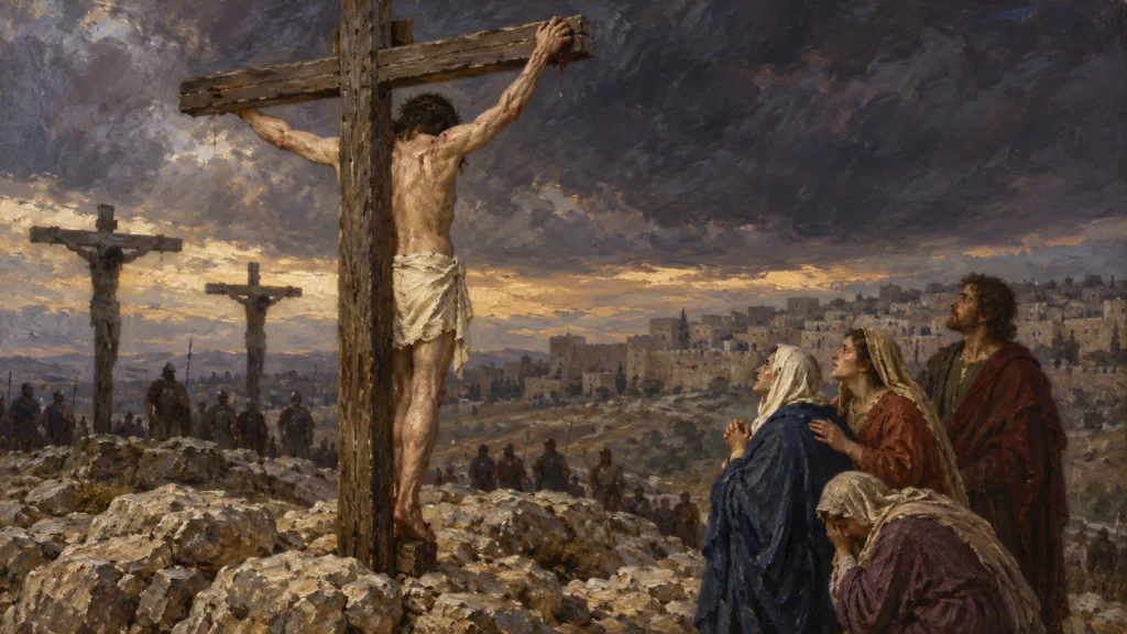 Classical oil painting of the crucifixion from behind the cross, with restrained blood marks and grieving witnesses.