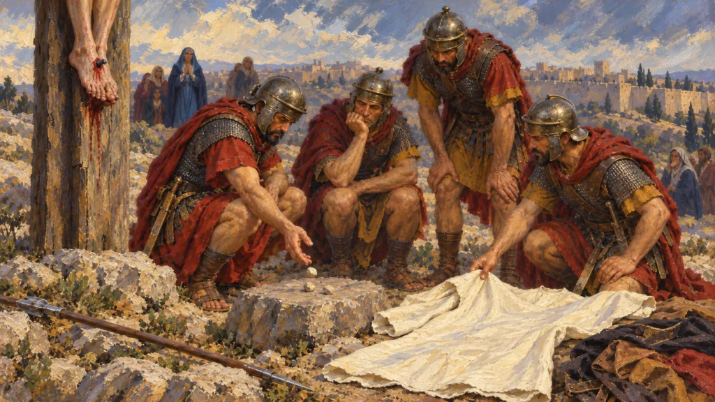 Classical oil painting of four Roman soldiers casting lots for the untorn tunic beneath the cross.