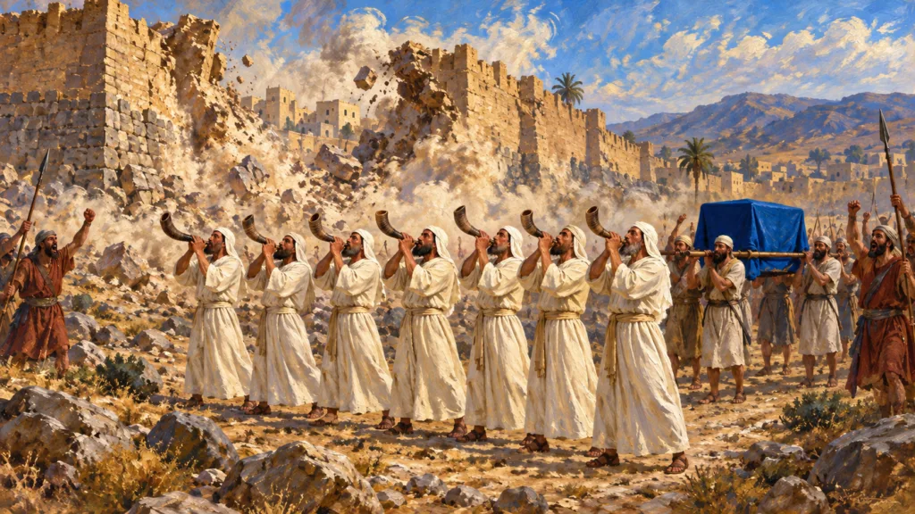 Classical oil painting of seven priests blowing ram horns before the covered ark as the walls of Jericho collapse.
