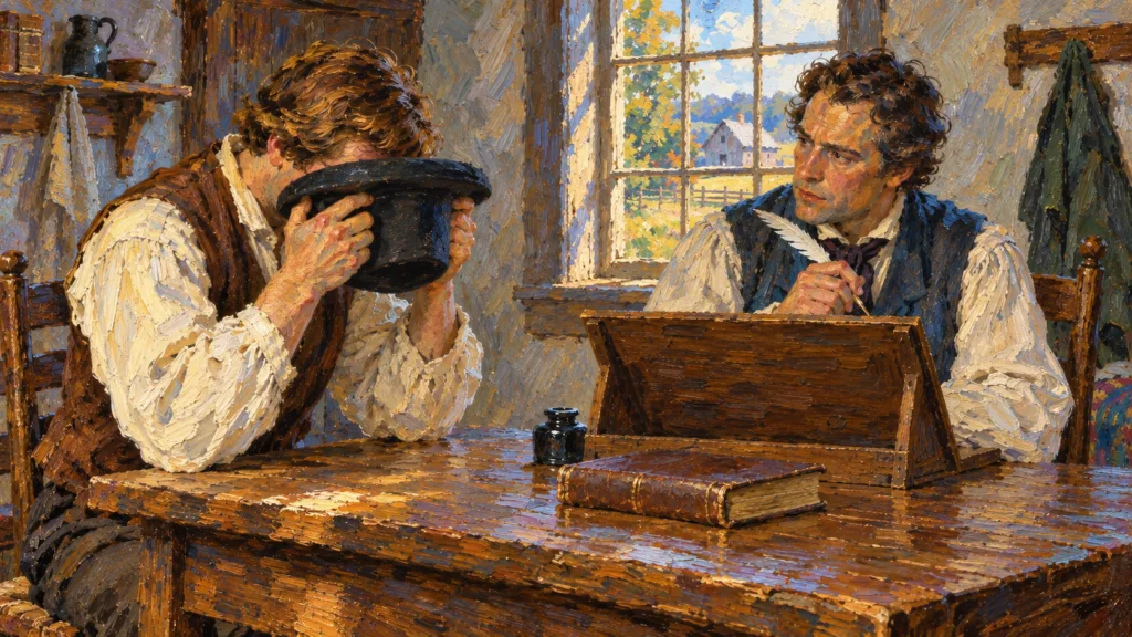 Historical oil-painting reconstruction of Joseph Smith looking into a hat while dictating to a listening scribe.
