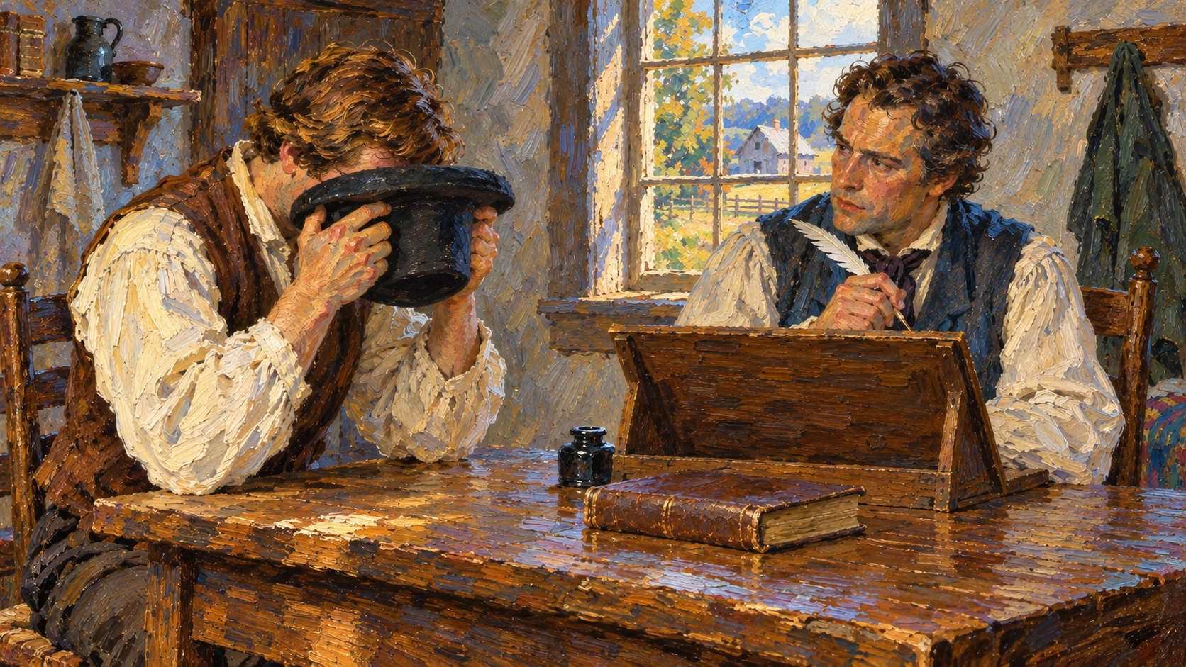 Historical oil-painting reconstruction of Joseph Smith looking into a hat while dictating to a listening scribe.