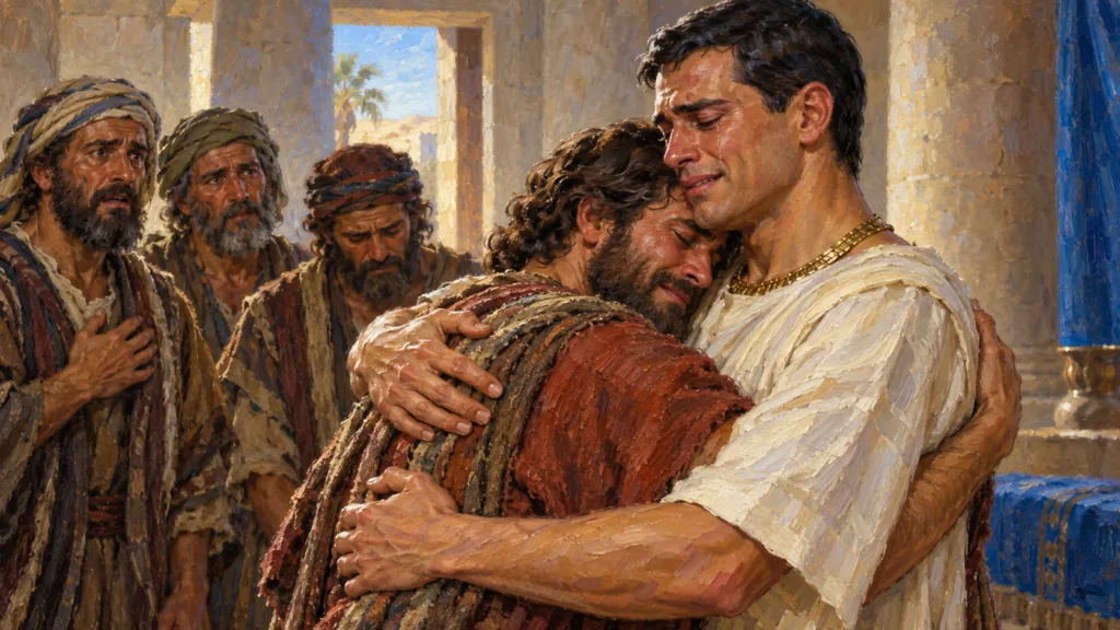 Classical oil painting of Joseph weeping as he embraces Benjamin before his brothers