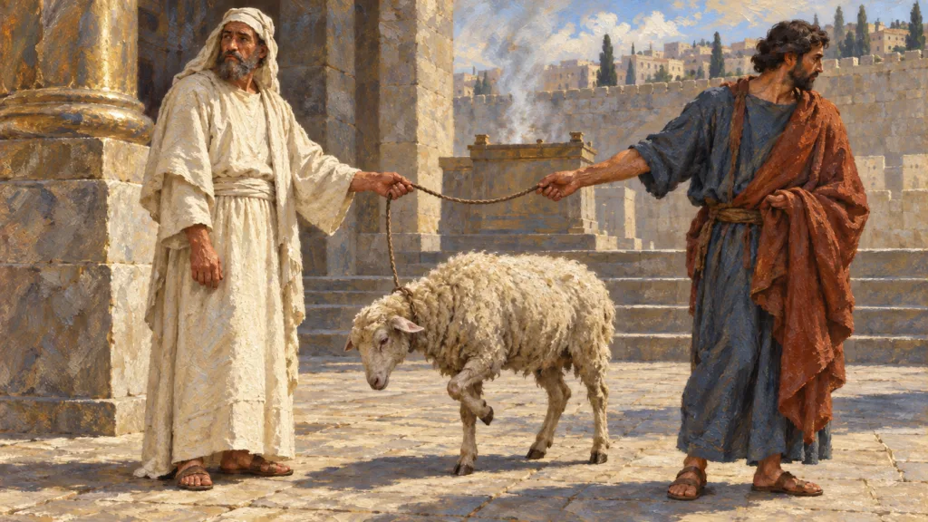 Classical oil painting of a priest accepting a lame sheep as an offering while both men look away