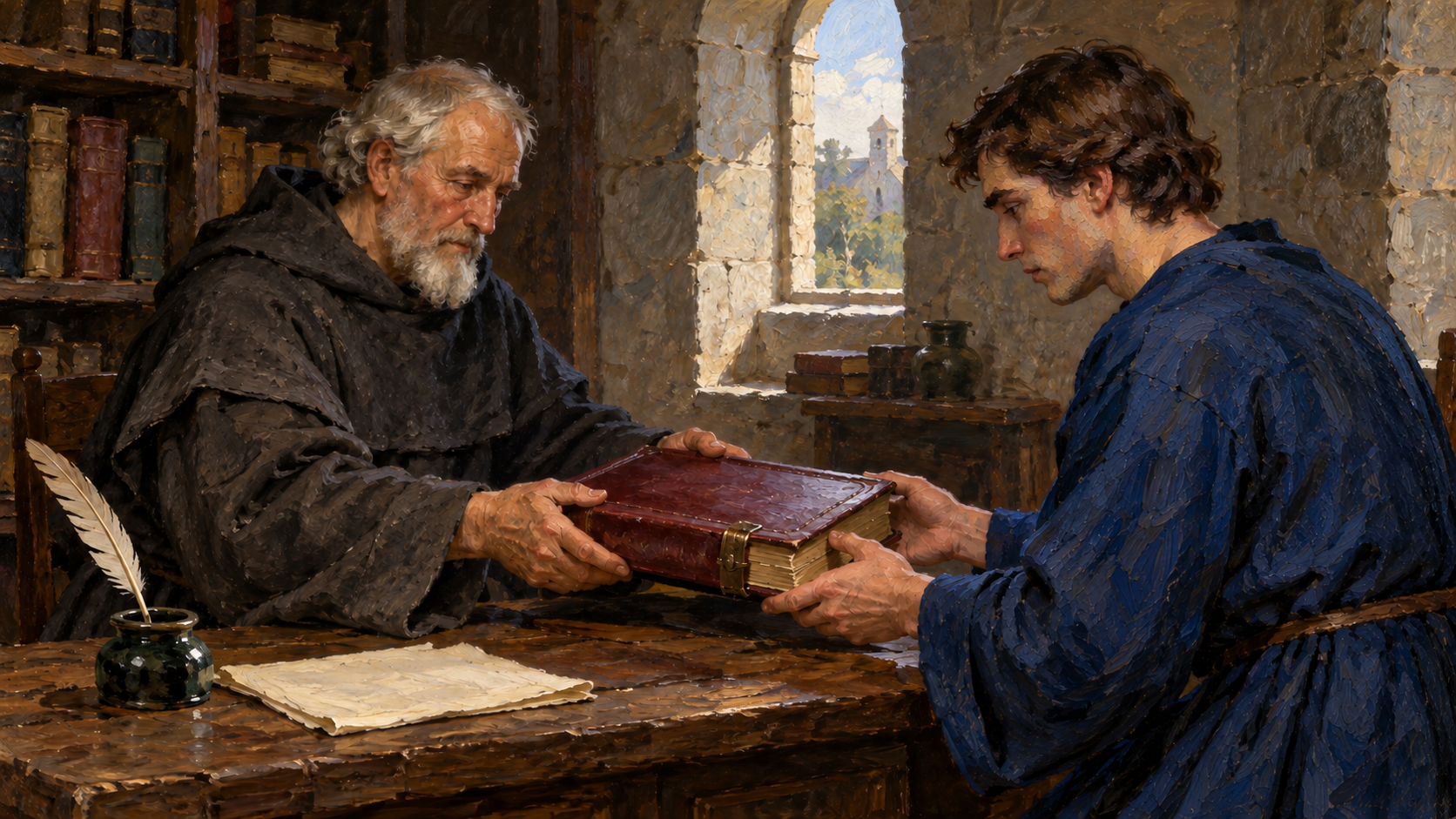Scripture preserved in the medieval centuries Classical oil painting of a medieval scribe passing a bound Bible to a younger reader