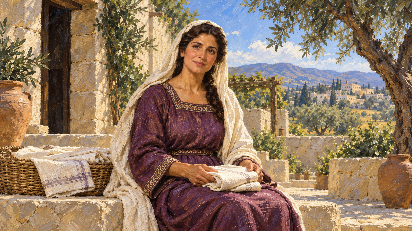 Classical oil portrait of a beautiful biblical woman in a purple dress and ivory veil, holding folded linen in an ancient courtyard.