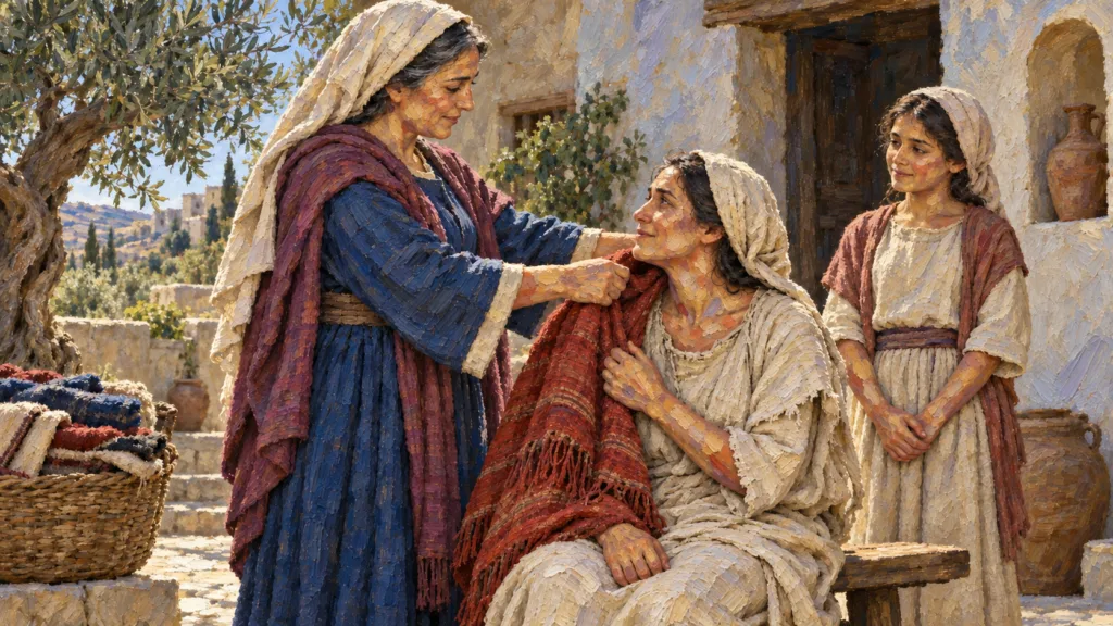 Classical oil painting of a woman giving a woven shawl to a neighbor in need as her daughter watches