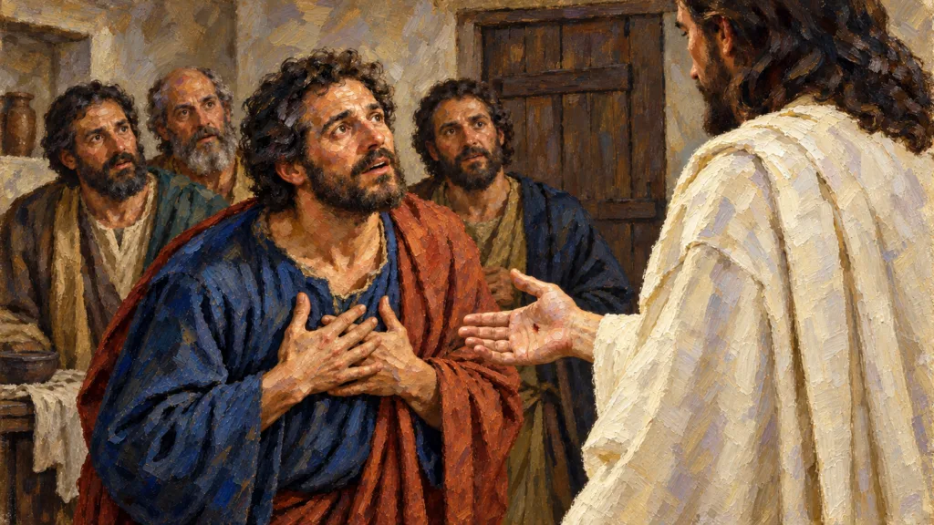 Classical oil painting of Thomas confessing before the risen Jesus with his hands held to his chest