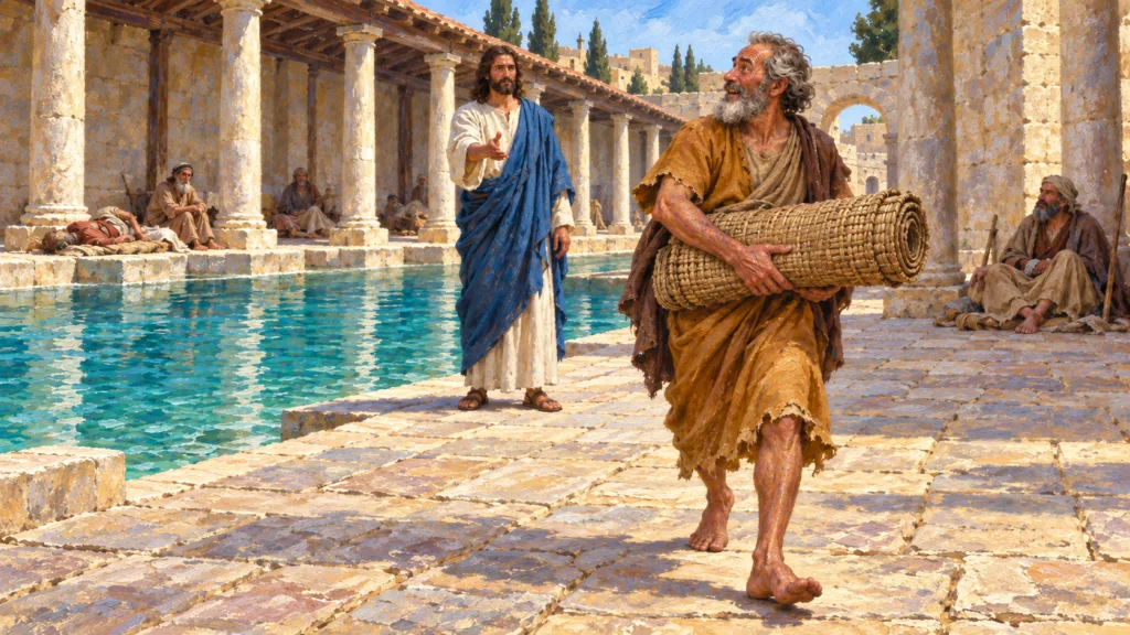 Classical oil painting of the healed man carrying his mat beside Bethesda as Jesus stands behind him.