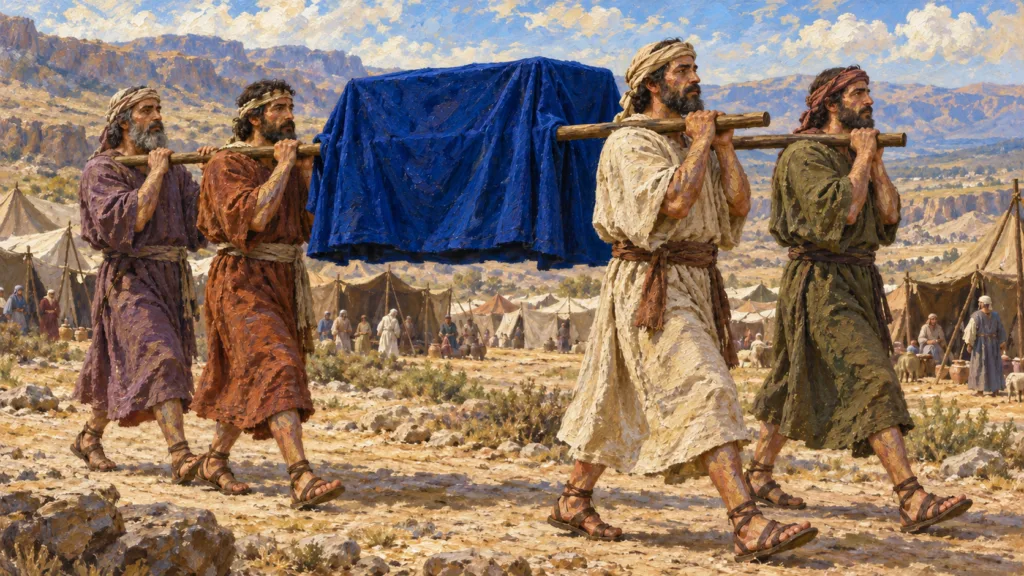 Classical oil painting of Kohathite Levites carrying the blue-covered Ark on shoulder poles
