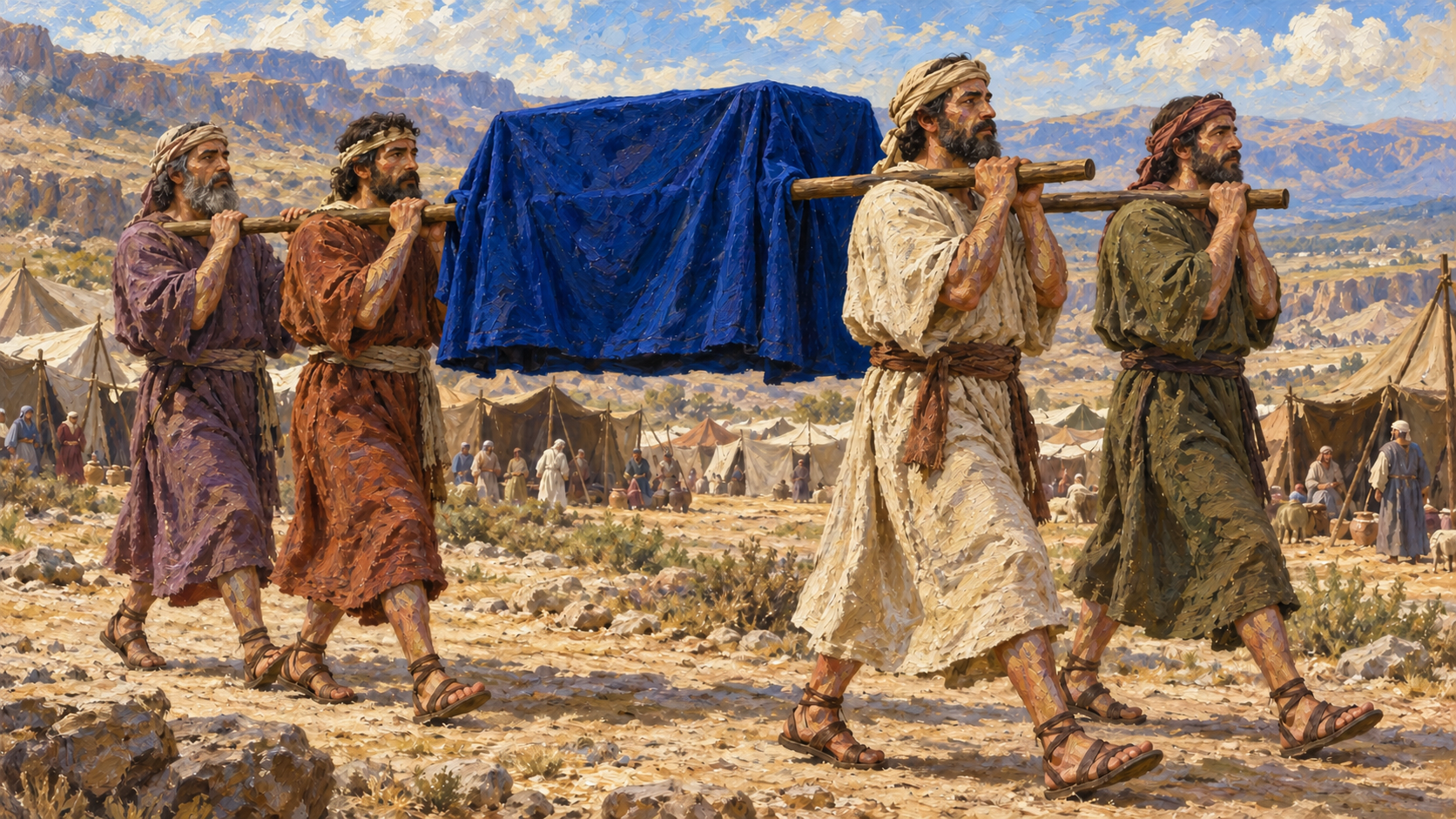 Levites carrying the covered Ark Classical oil painting of Kohathite Levites carrying the blue-covered Ark on shoulder poles