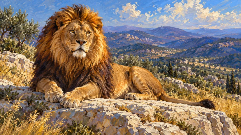 Classical oil painting of a majestic lion resting above the Judean hills