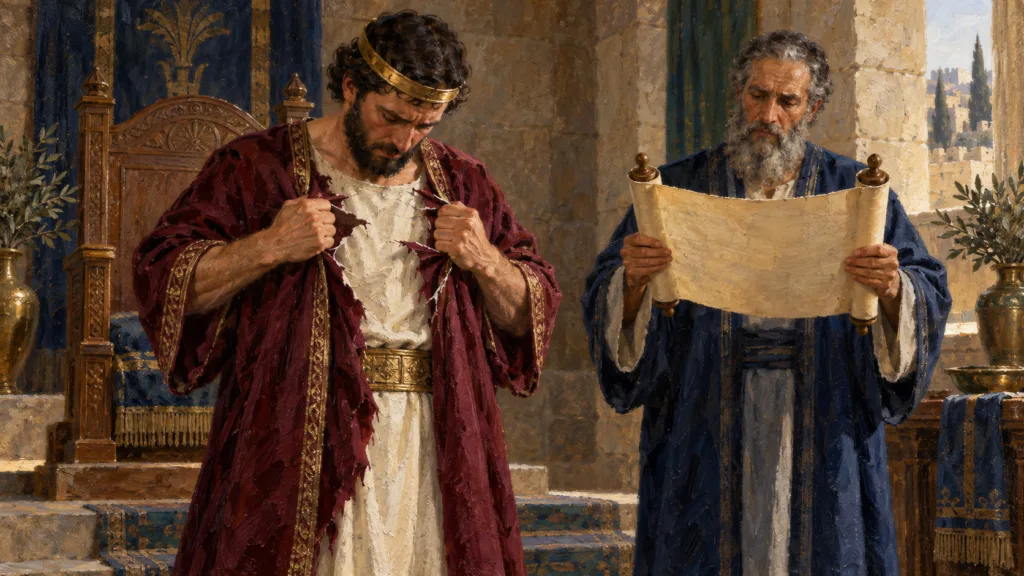 Classical oil painting of King Josiah tearing his robe as Shaphan reads the Law