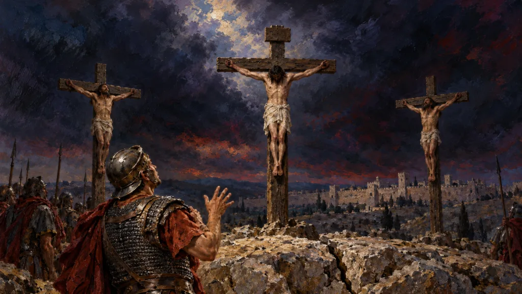 Classical oil painting of the centurion witnessing Jesus dying on the cross beneath a dark sky