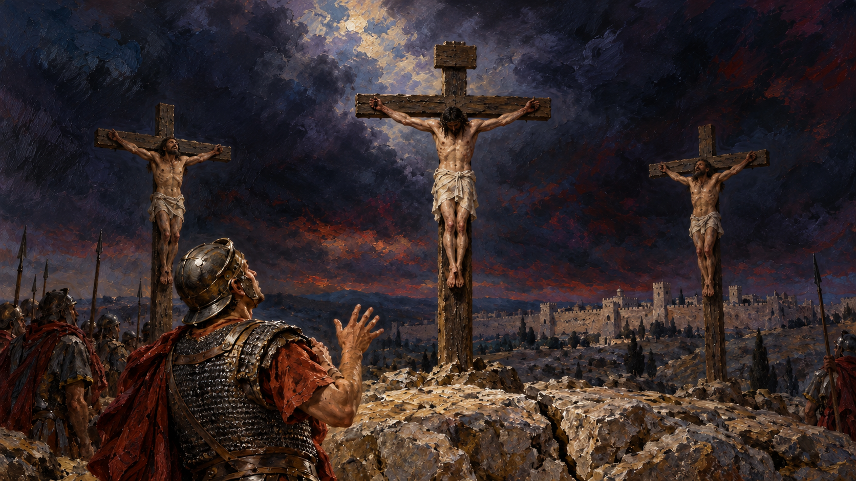 Classical oil painting of the centurion witnessing Jesus dying on the cross beneath a dark sky