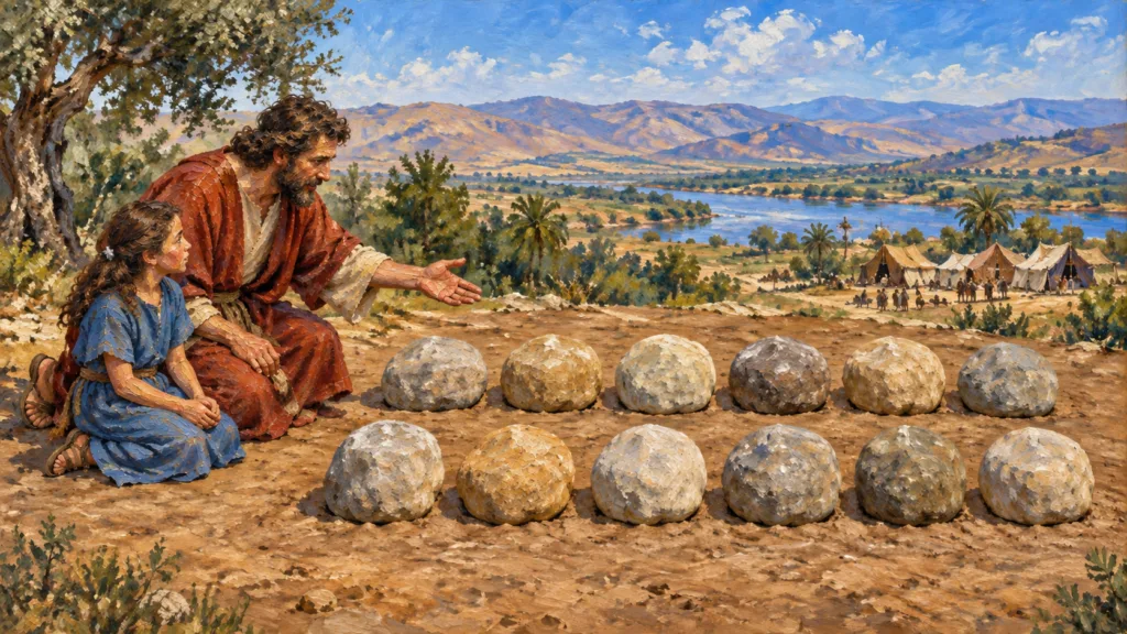 Classical oil painting of a father teaching his child beside twelve Jordan memorial stones