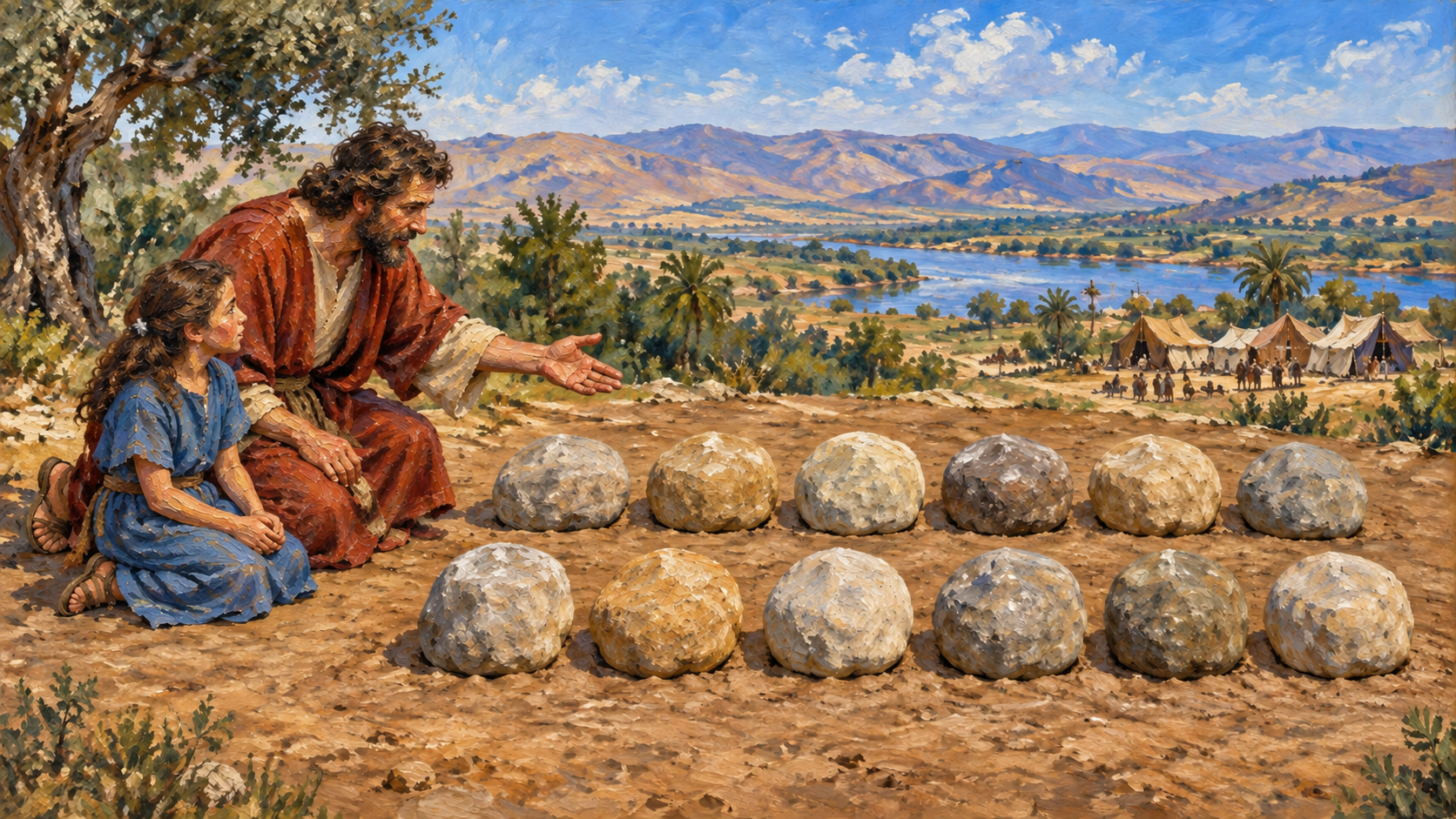 The twelve memorial stones Classical oil painting of a father teaching his child beside twelve Jordan memorial stones