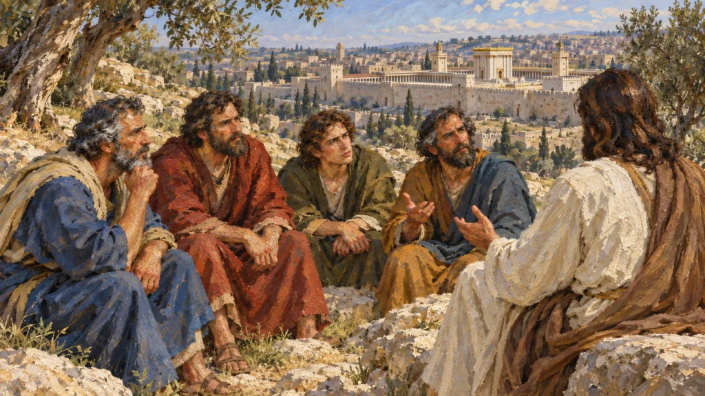 Classical oil painting of Jesus teaching four disciples opposite the Jerusalem temple