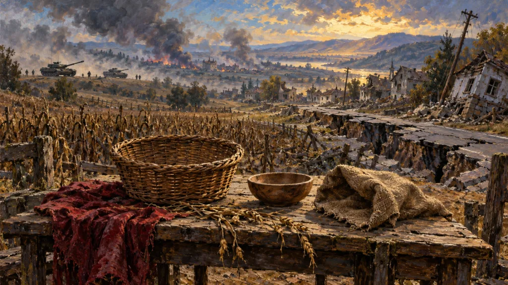 Classical oil painting of empty food vessels and withered crops, distant warfare, and an earthquake-damaged road and village.