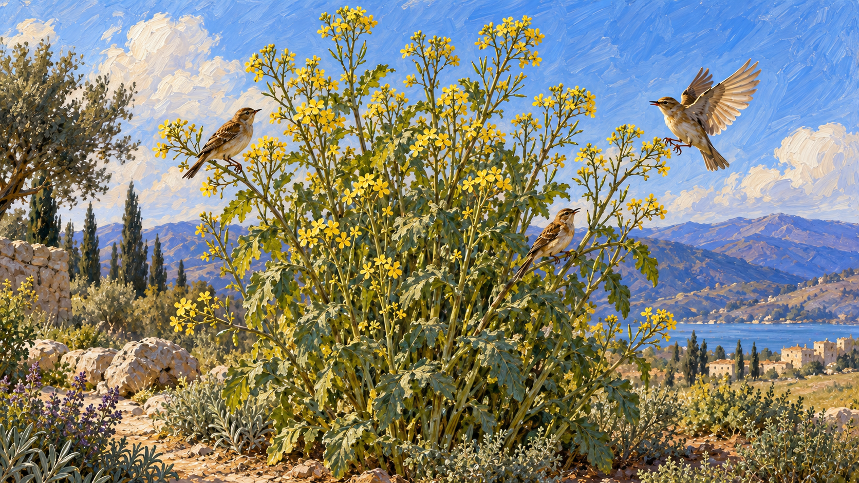 Classical oil painting of birds sheltering in a flowering mustard plant
