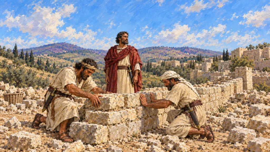 Classical oil painting of Judean builders repairing Jerusalem wall with sheathed swords as Nehemiah watches.