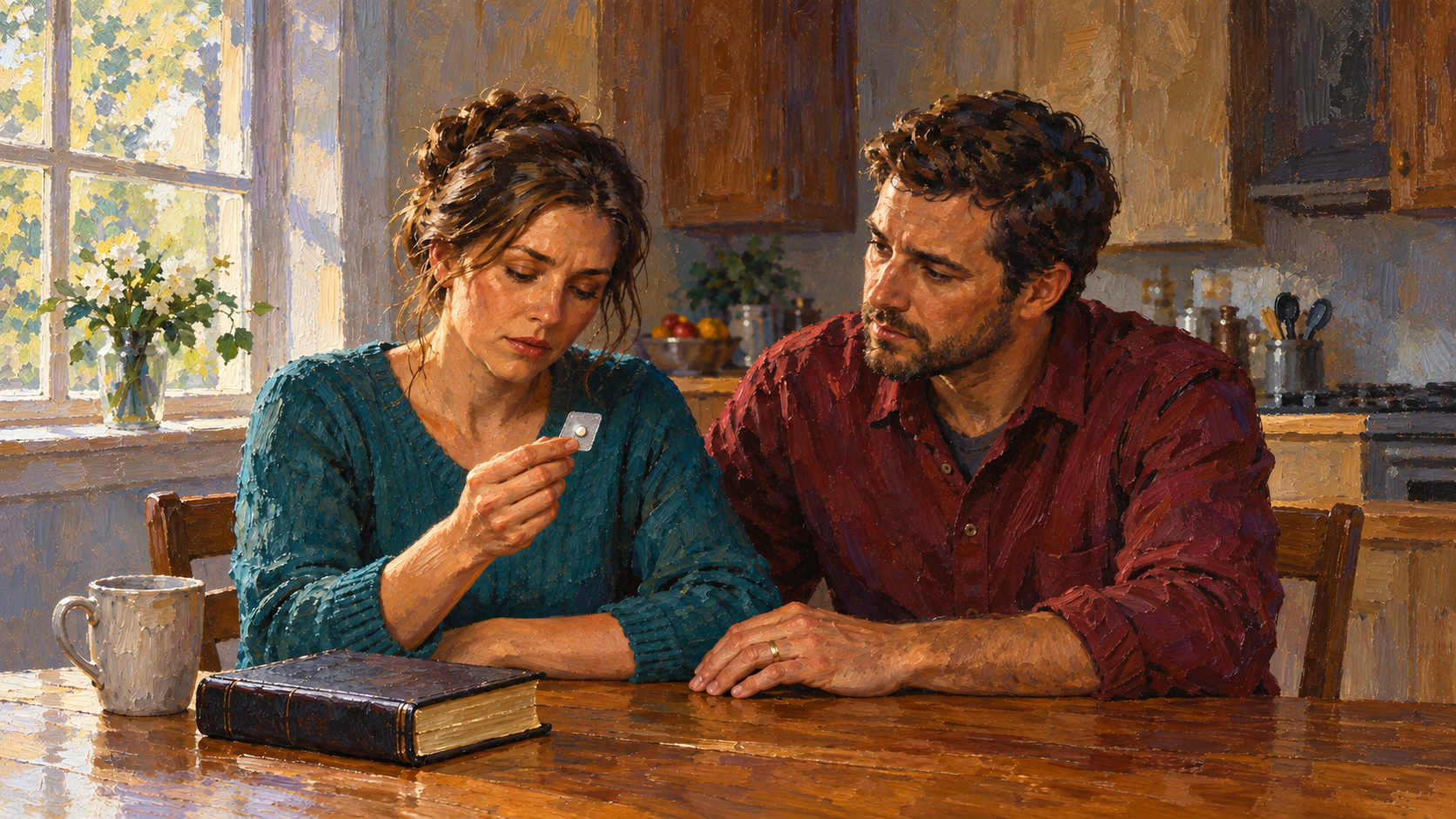 Oil painting of a married couple considering a single-dose medication beside a Bible