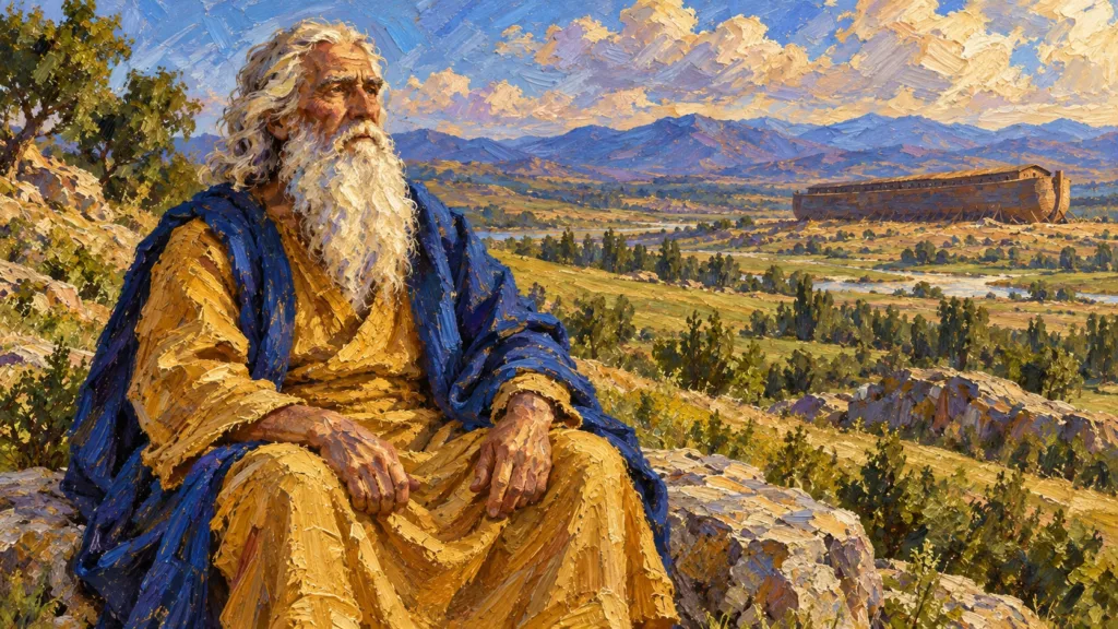 Classical oil portrait of aged Methuselah with the ark distant on dry ground