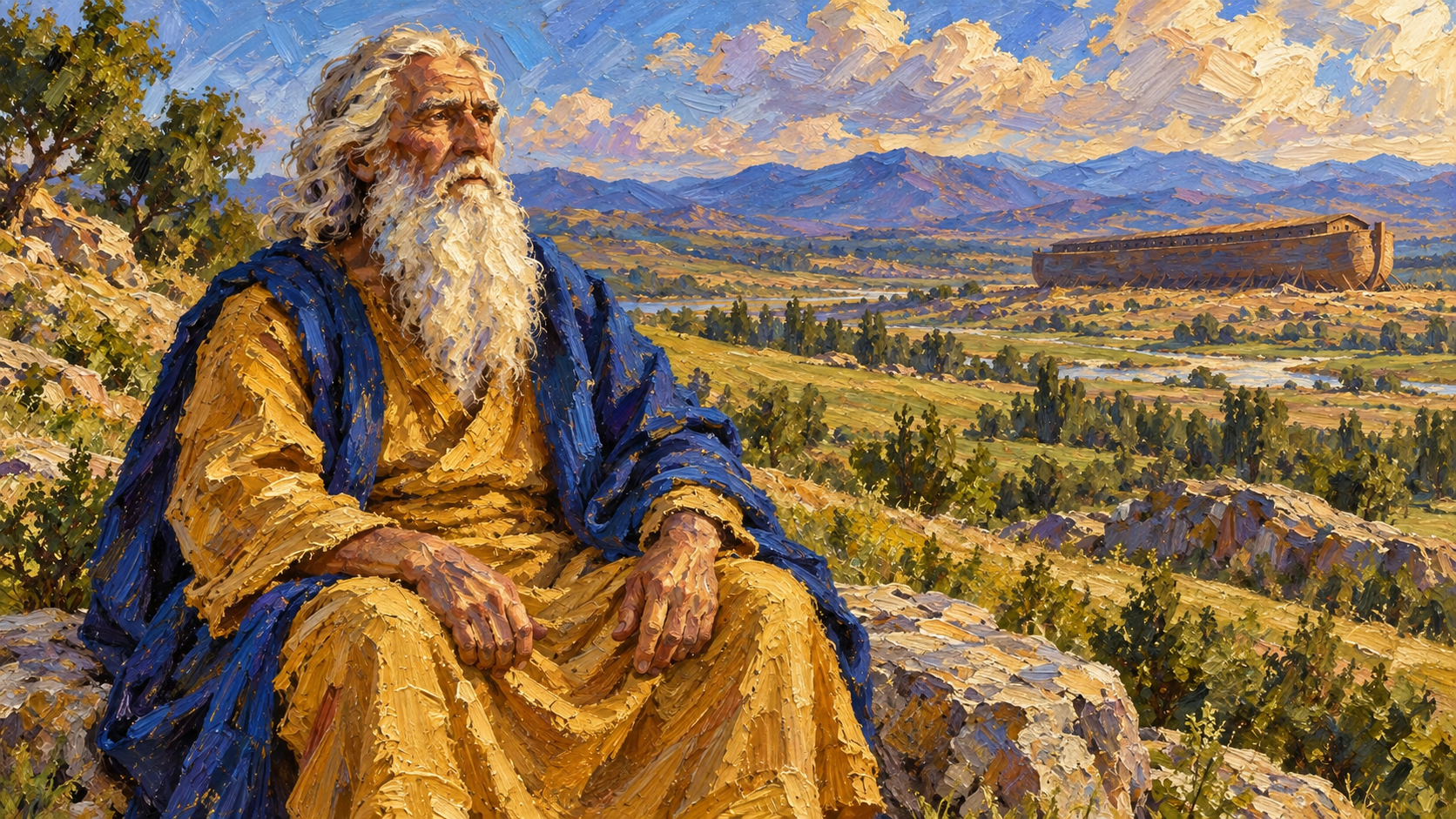 Methuselah and the pre-flood world Classical oil portrait of aged Methuselah with the ark distant on dry ground