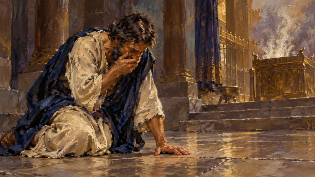 Classical oil painting of Isaiah humbled in the smoke-filled temple with a hand over his mouth